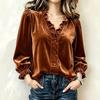 Women's V-Neck Ruffle Trim Long Sleeve Blouse Button Down Top for Business Casual Work