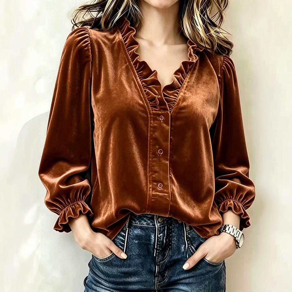 Women's V-Neck Ruffle Trim Long Sleeve Blouse Button Down Top for Business Casual Work