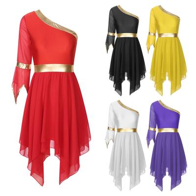 Damen Praise Lyrical Dance Dress Single Shoulder Worship Tunika Dancewear mit unregelmäßigem Saum