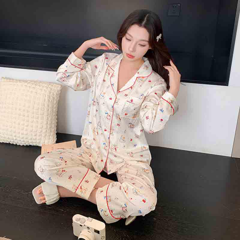 Women s Cartoon Ice Silk Pajama Set - Long Sleeve, Breathable, Spring/Autumn Cardigan M