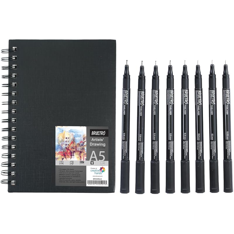 Brustro Professional Pigment Based Fineliner - Pack Of 8 (Black) With Artist Sketch Book 160 Gsm A5 Wiro Bound (116 Page