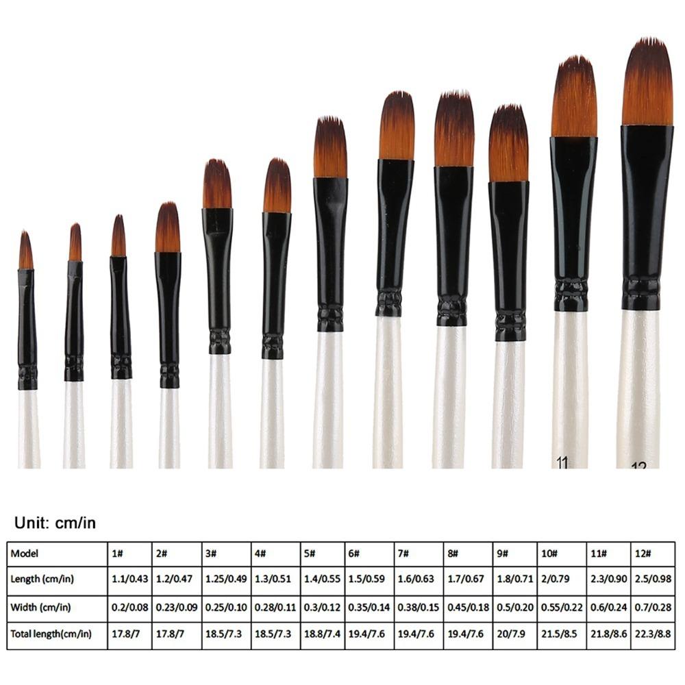 12PCS Pearl White Handles Art Paint Brush Set Tongue Tip & Angle Tip Firm Fastening Nylon Fiber Brushes Soft Nylon Fiber