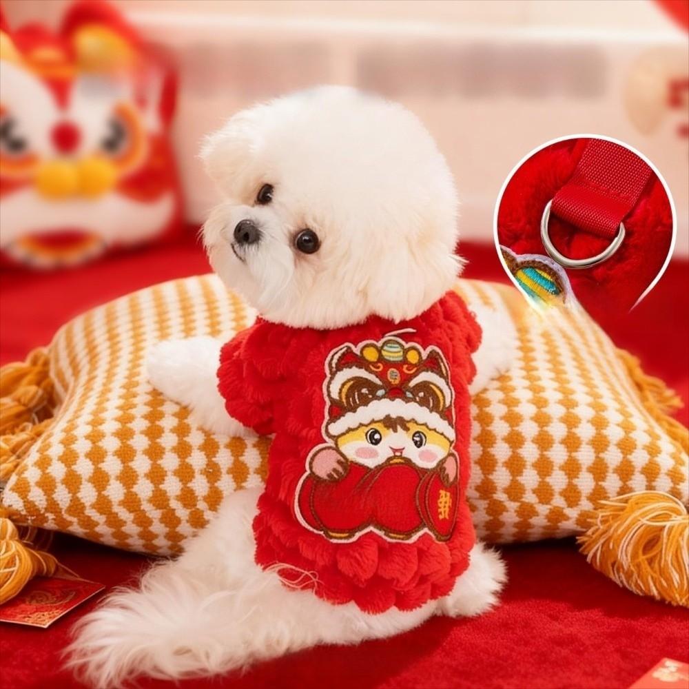 Warm Red Color Pet Vest Embroidered Fluffy Cat Coat Red Thickened Fleece Cat Vest Puppy Dogs