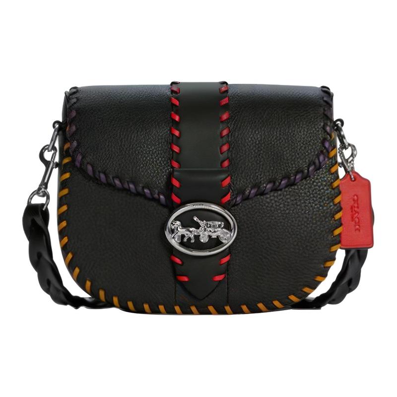 

COACH Georgie 21 three-color seam seam flap carriage logo buckle leather armpit bag saddle bag crossbody bag shoulder bag small size women s black чорний