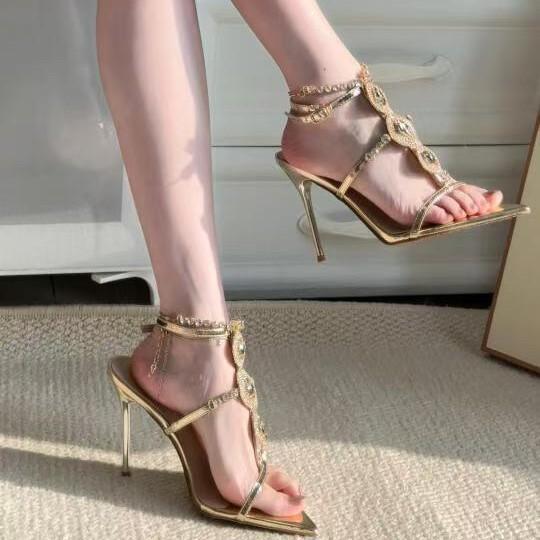 

new open-toed pointed gem rhinestone chain patent leather one-word strap sandals women s summer crystal stiletto high heels 40