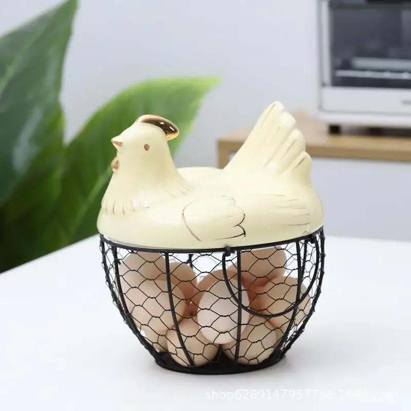 Cute Hen-shaped Egg Storage Basket Metal Wrought Iron Egg Basket with Lid Kitchen Food Debris Storage Container Home Decoration