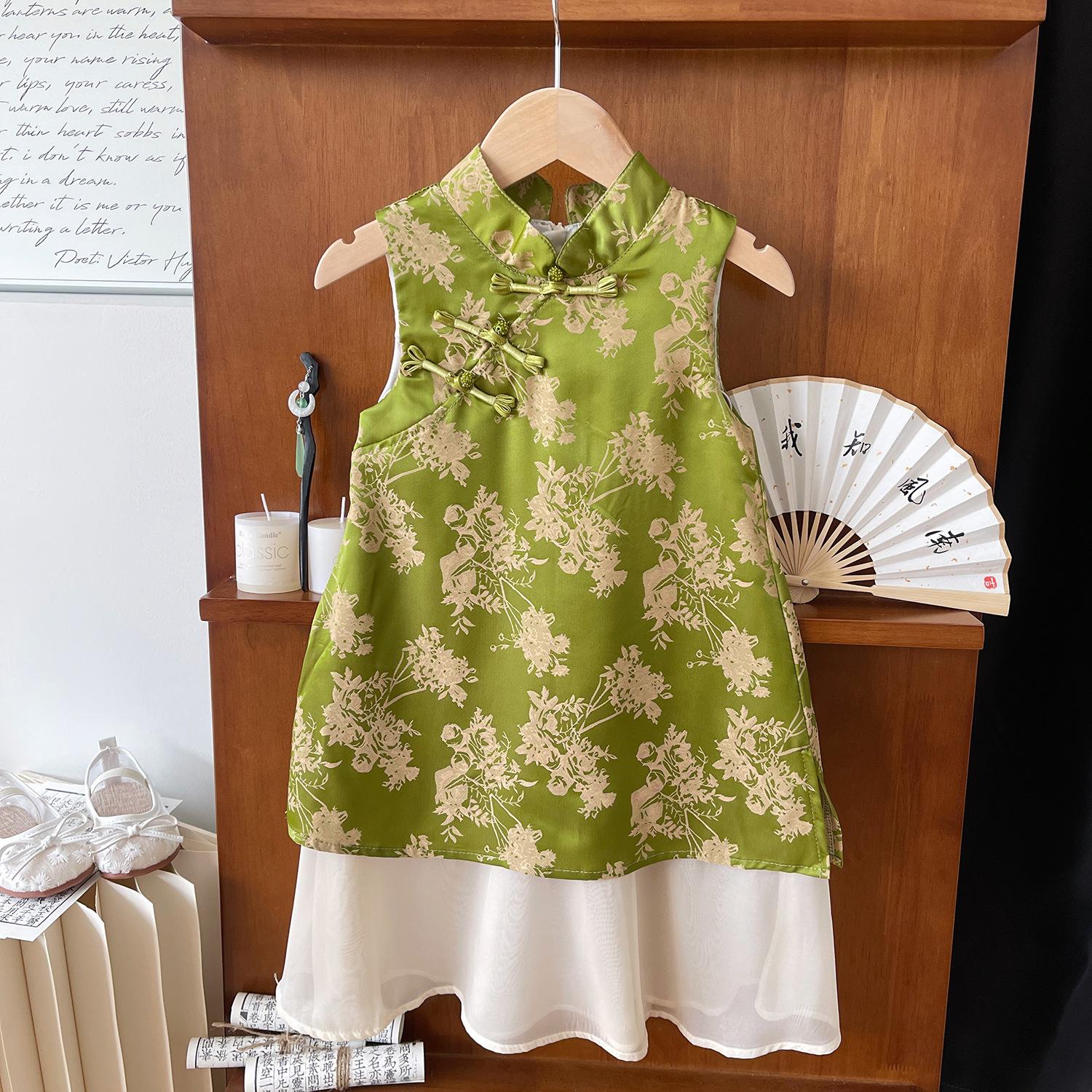 Girls Summer Chinese Floral Sleeveless Cheongsam Dress Long Hanfu Qipao Gown For Kids 90cm