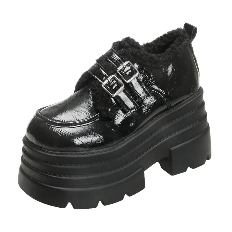 

Женские кожаные кроссовки на платформе Осень Зима Теплые плюшевые с пряжкой Зимние ботинки Толстая подошва 10 см каблуки Хлопковая обувь Zapatos Mujer 39 чёрный