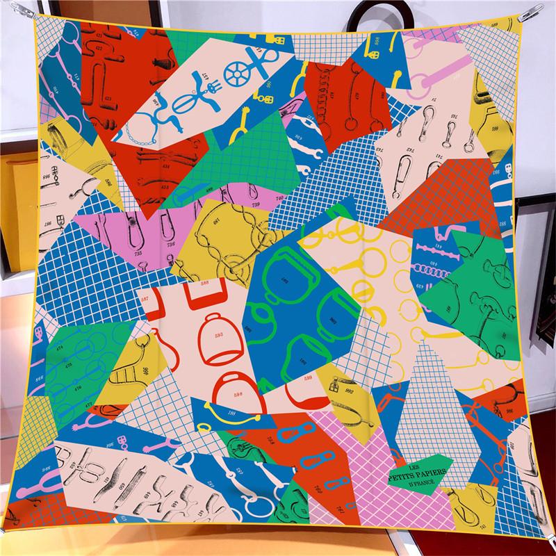 90Cm Classic Checkered Horse  Square Scarf Women Twill Silk Scarf Shawl Hijab Luxury Bandana Foulard Neckerchief Head Scarf