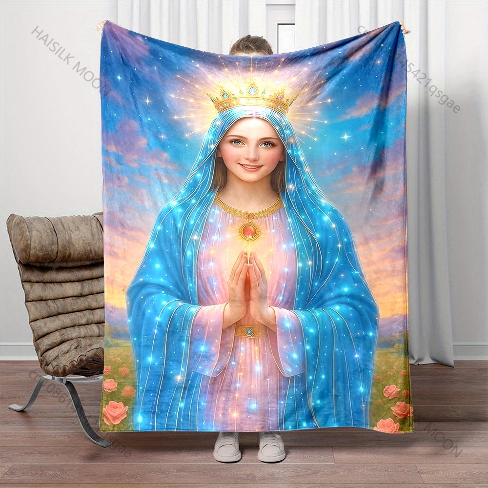 1PC Blue Crowned Our Lady Prayer Print Blanket Warm Soft Fluffy Kids and Adult Sofa Bed Throw Blanket Outdoor Travel Camping RV