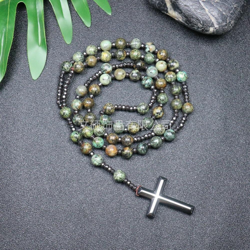 Collier pendentif croix en pierre naturelle, Croix en pierre d'œil de tigre et fer à bille chapelet collier pour homme