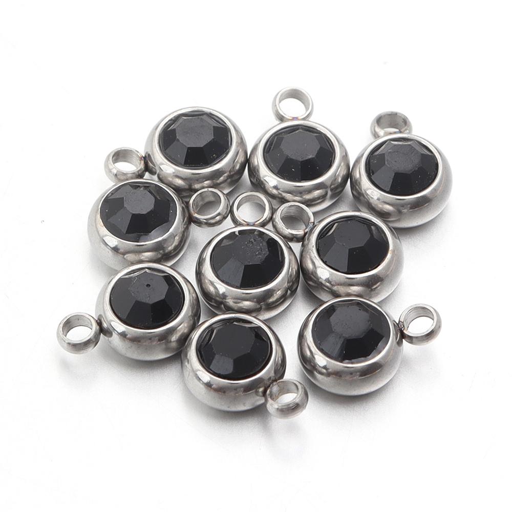 10Pcs Mini Birthstone Charms Stainless Steel Round Rhinestone Crystal Pendant for Jewelry Making DIY Necklace Bracelet Findings