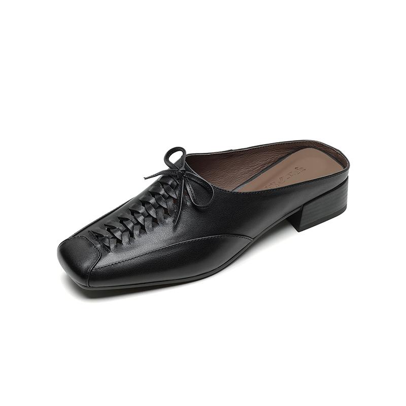 Fashion 2024 NEW Summer Women Mules Genuine Leather Shoes for Women Cover Toe Chunky Heel Slippers Square Toe Slingback Designer Sandals