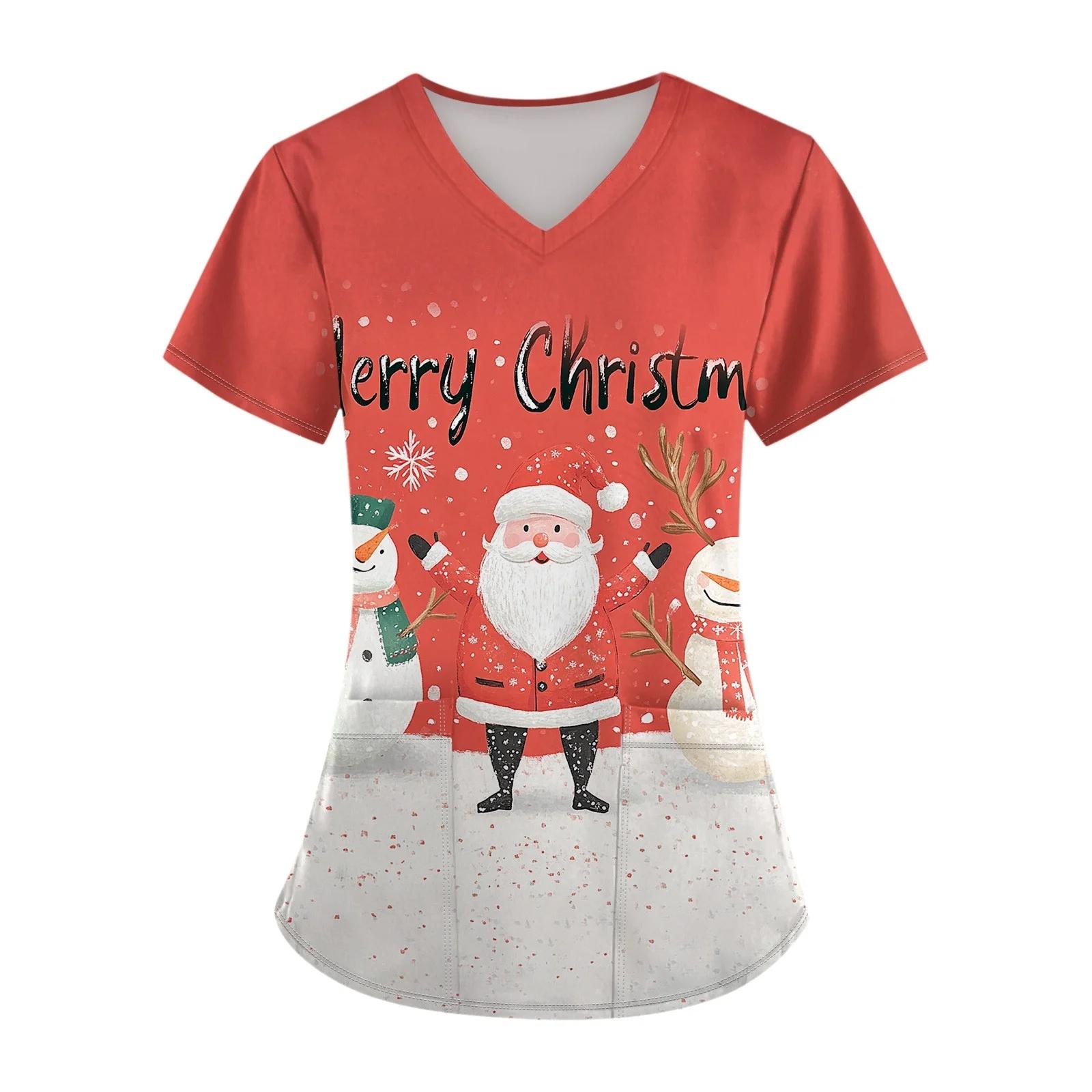 

Women s Christmas Scrub Medical Uniform Cute Print Breathable Elastic Fabric V-neck Short Sleeve with Pocket Beauty Salon Hospi S