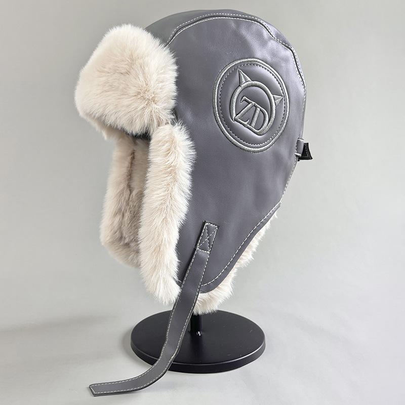 Pu Leather Lei Feng Hat, Northeast Velvet Cotton Hat, Men's and Women's Winter Cold and Windproof Cycling Ear Protection Hat Tide