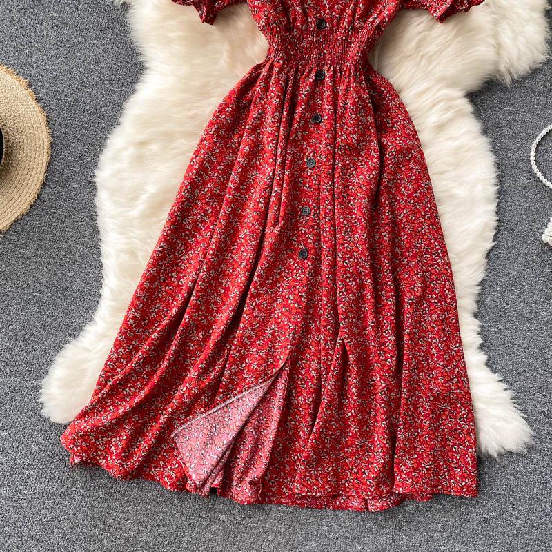 French-Style Retro Floral Dress with Puff Sleeves and Button-Up Slim Fit