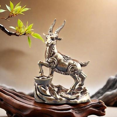 Antiker Messing Glücks-Tierkreiszeichen Tier Treten Schatz Antilope Statue Schreibtisch Haus Schmuck Dekoration