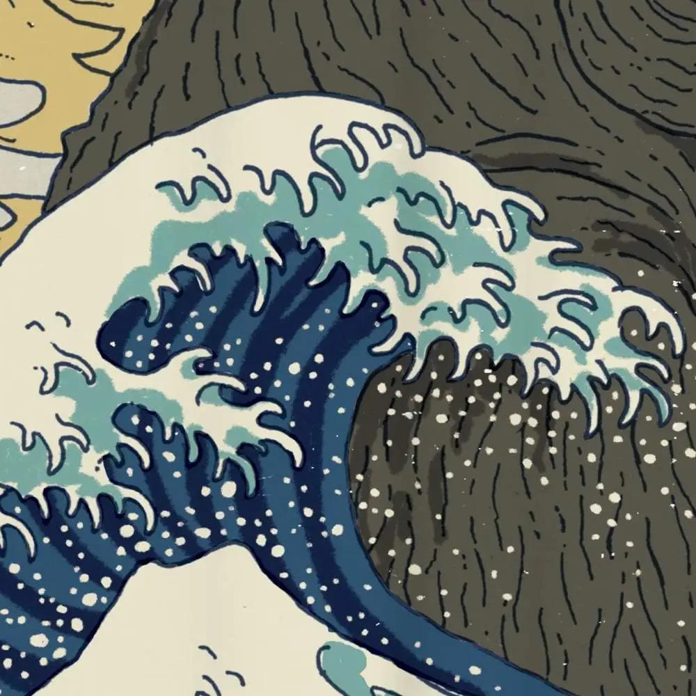 Godzilla Duschdraperisats med Japansk Vågdesign – Coola, Galna Duschdraperier för Badrum, Krokar Ingår, Slitstarkt Tyg