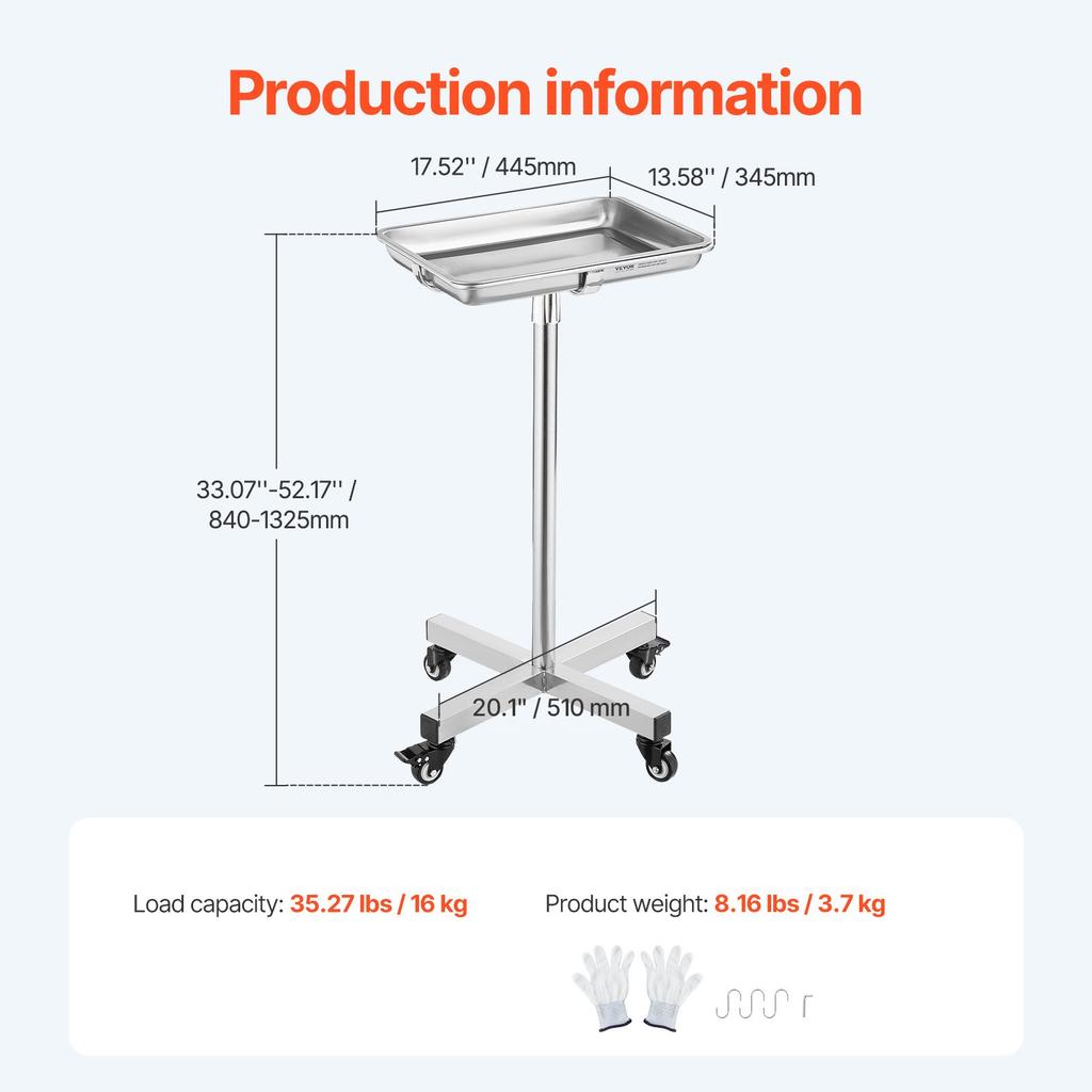 VEVOR Mayo Stand, Stainless Steel Mayo Tray, Load Capacity up to 35 lbs, Adjustable Height 25.2"-39.8"