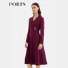 PORTS 2025 Autumn Pleated Waist V-Neck Midi Dress
