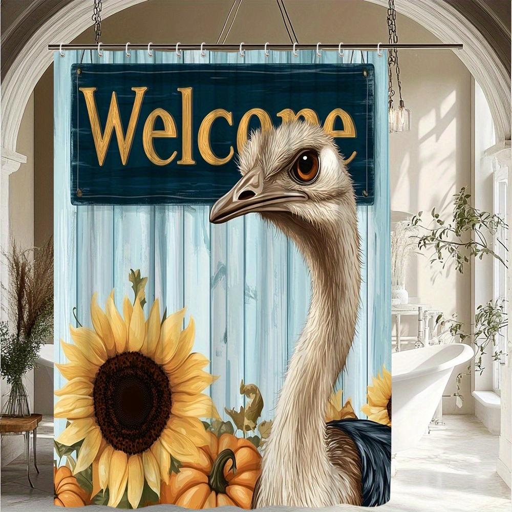 

1Pc Autumn Theme Shower Curtain With Lifelike Ostrich And Pumpkin Sunflower Design, Bathroom Decor, Polyester Fabric, Includes W60H190(CM)-1 Pcs
