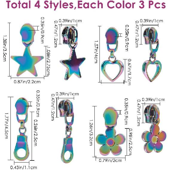 GORGECRAFT 1 Box 12Pcs 4 Styles #5 Rainbow Zipper Star Flower Heart Teardrop Shape Zipper Sliders Pull Head Replacement Metal Zip Mend Repair for