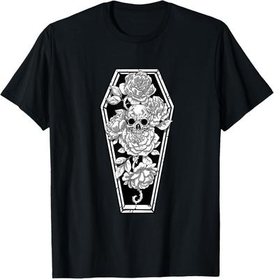 Gothic Coffin Skull and Roses Graphic Tee Soft Casual Cotton T-Shirt for Men