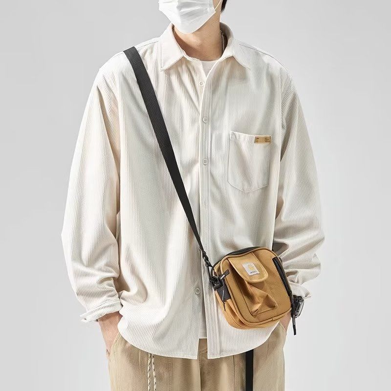 Spring Autumn Men's Loose Casual Shirt with Long-Sleeve Corduroy Top Workwear Style Simple Shirt Men