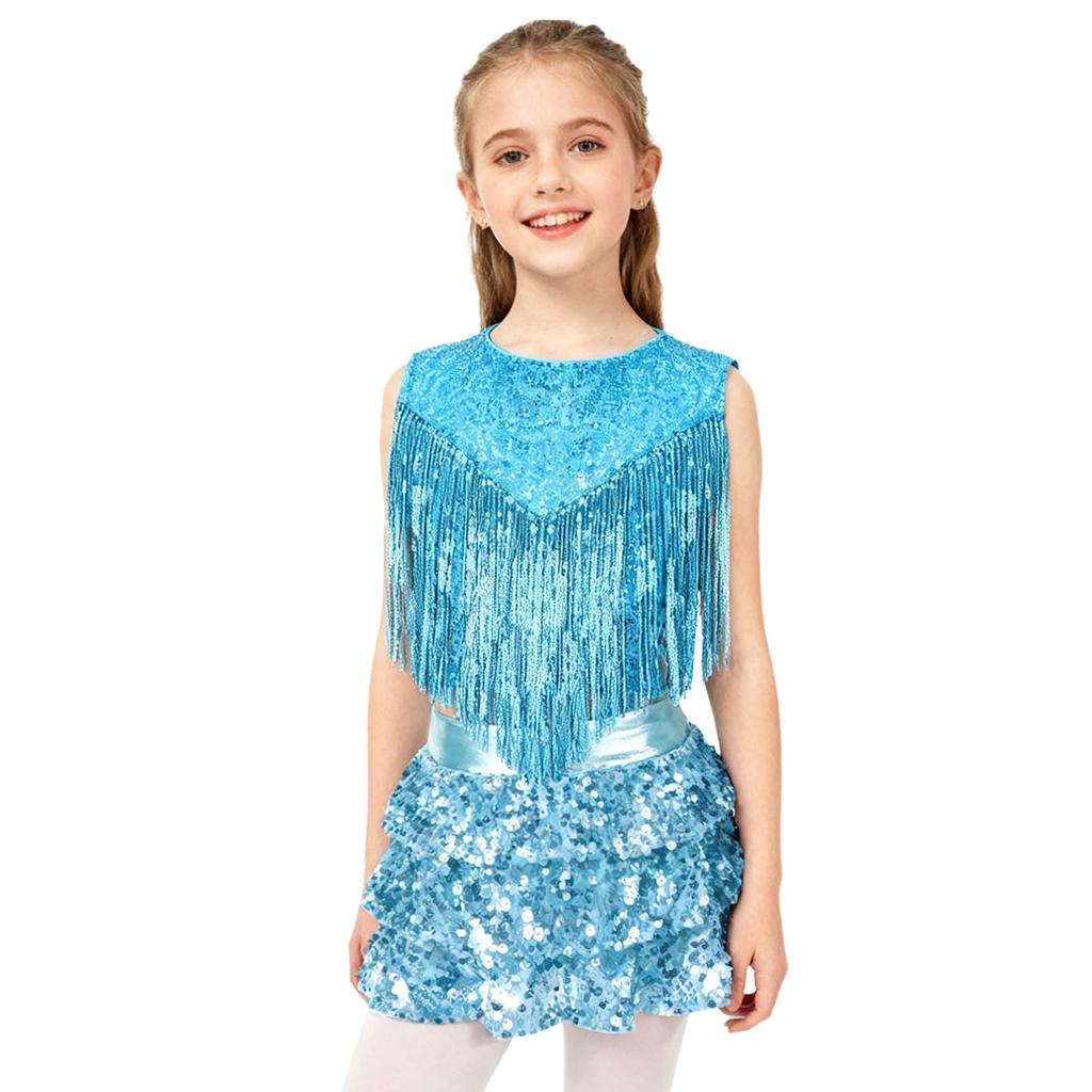 Girls 70s Disco Outfit Metallic Gloss Top Sequins Design Tassels Detail Ruffle Skirt Shorts Two Piece Set