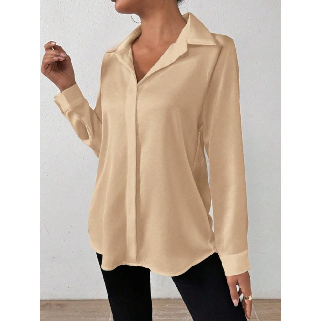 Satin Imitation Silk Long Sleeved Solid Color Women's Shirts