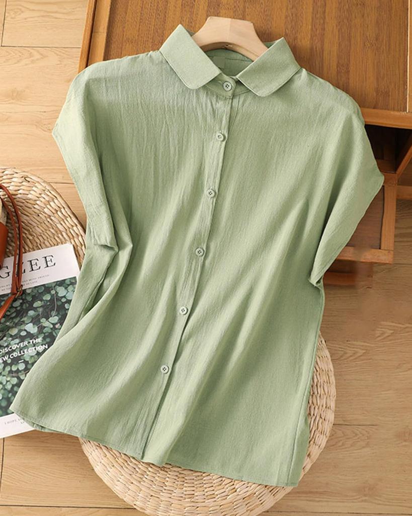Short Loose Cotton Large Size [ODFMCE] Women's Shirt, Sleeve, Summer, Fit, Linen, Plain, Slimming, Thin, Stylish, Office, (JP, Alphabet, 2XL, Green)