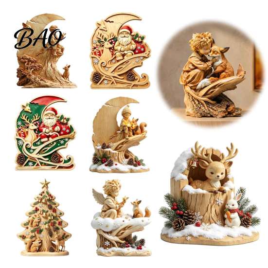 Retro Style Home Decor Fairy Tale Little Boy and Fox Wooden Figurine, Rustic Desktop Statue, Artistic Carved Handcrafted Statues Sculpture Ornament
