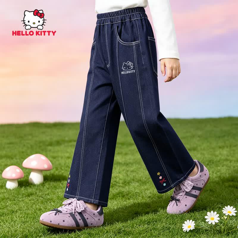 Hello Kitty Girls' Embroidered Wide-Leg Denim Jeans