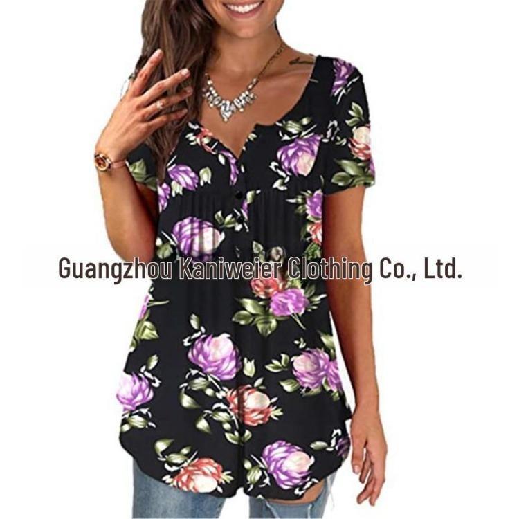 Women Summer Casual Floral Print Short Sleeve Henry Shirt
