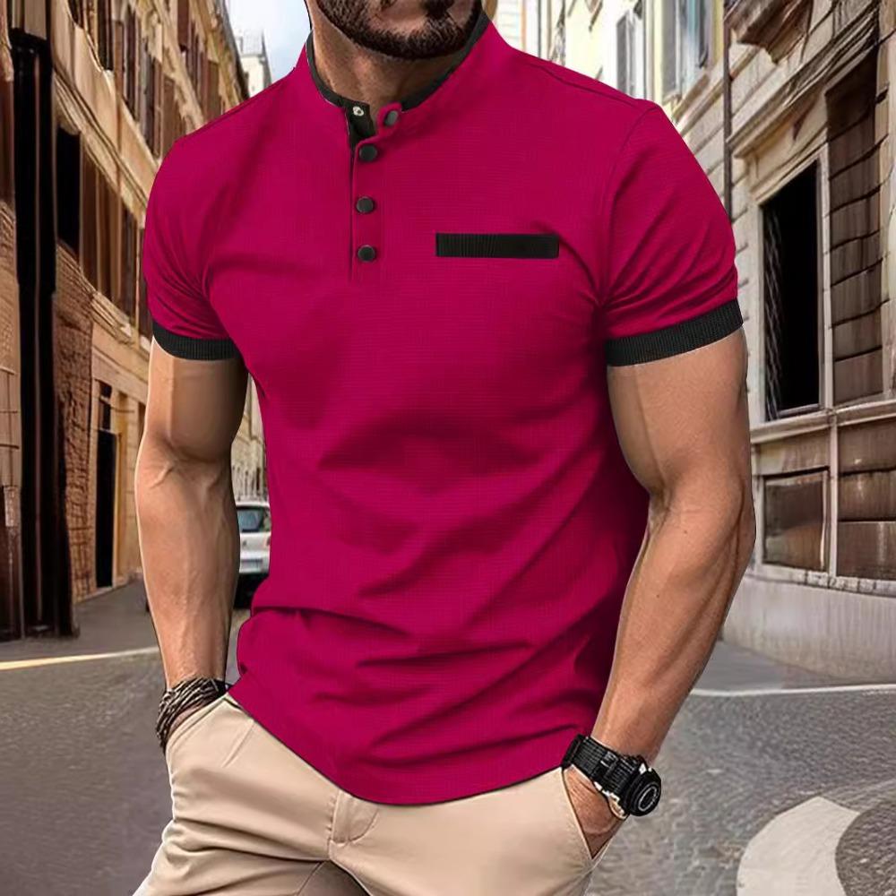 Men's Summer Casual Polo Shirt: Checked, Stand-up Collar, Short-sleeved Sports Shirt