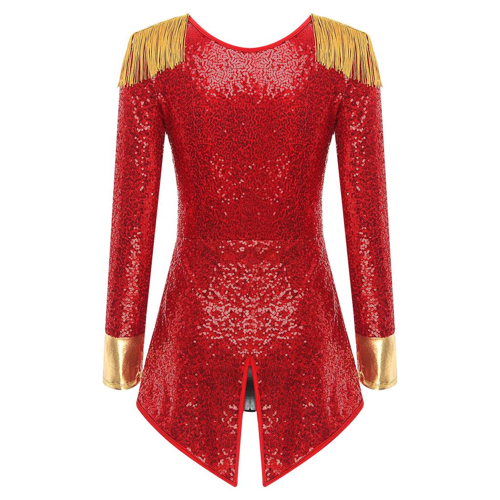 S-4XL Women's Circus Ringmaster Bodysuit, Allover Sparkling Sequin Long Sleeve Tail Jumpsuit for Halloween & Festival Cosplay