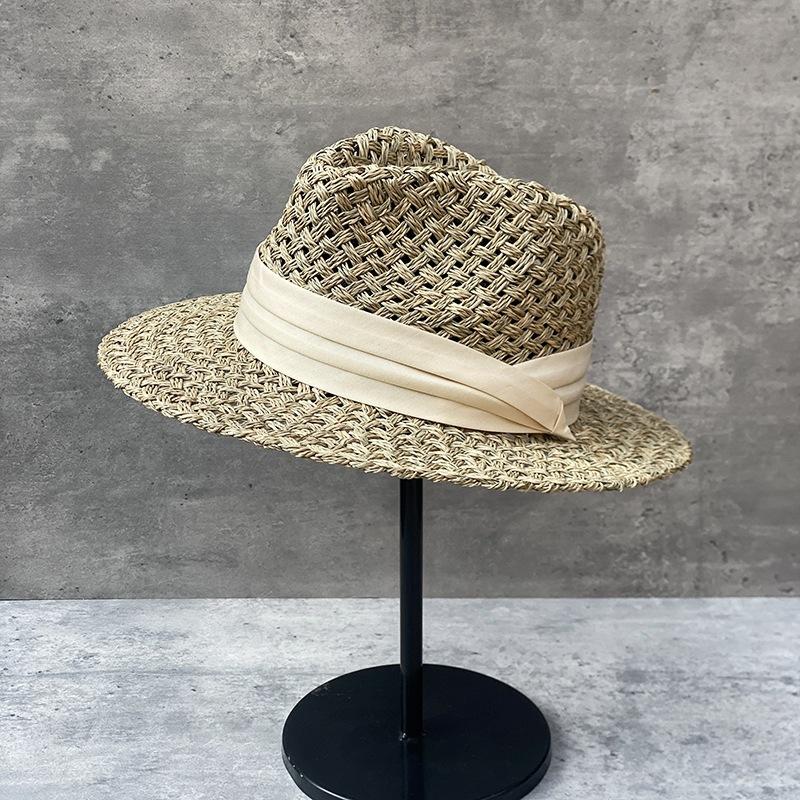 Encryption Three-Strand Salt Grass Panama Top Hat French Vintage Vacation Straw Hat Women'S Summer Sunscreen Shade Jazz Hat