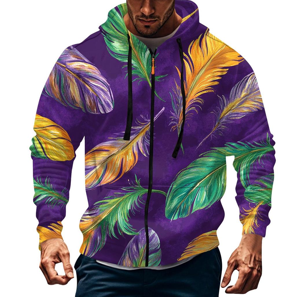Men's Sports Casual Fleece Hoodie Carnival Print Hoodie Cardigan Zipper Multi-pocket Hoodie Coat