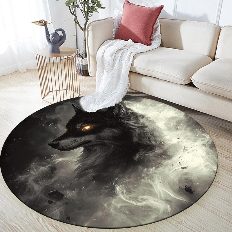 Black and White Wolf,Round Area Rug,Carpet Rug for Living Room Bedroom Sofa Playroom Decor,Non-slip Floor Mat