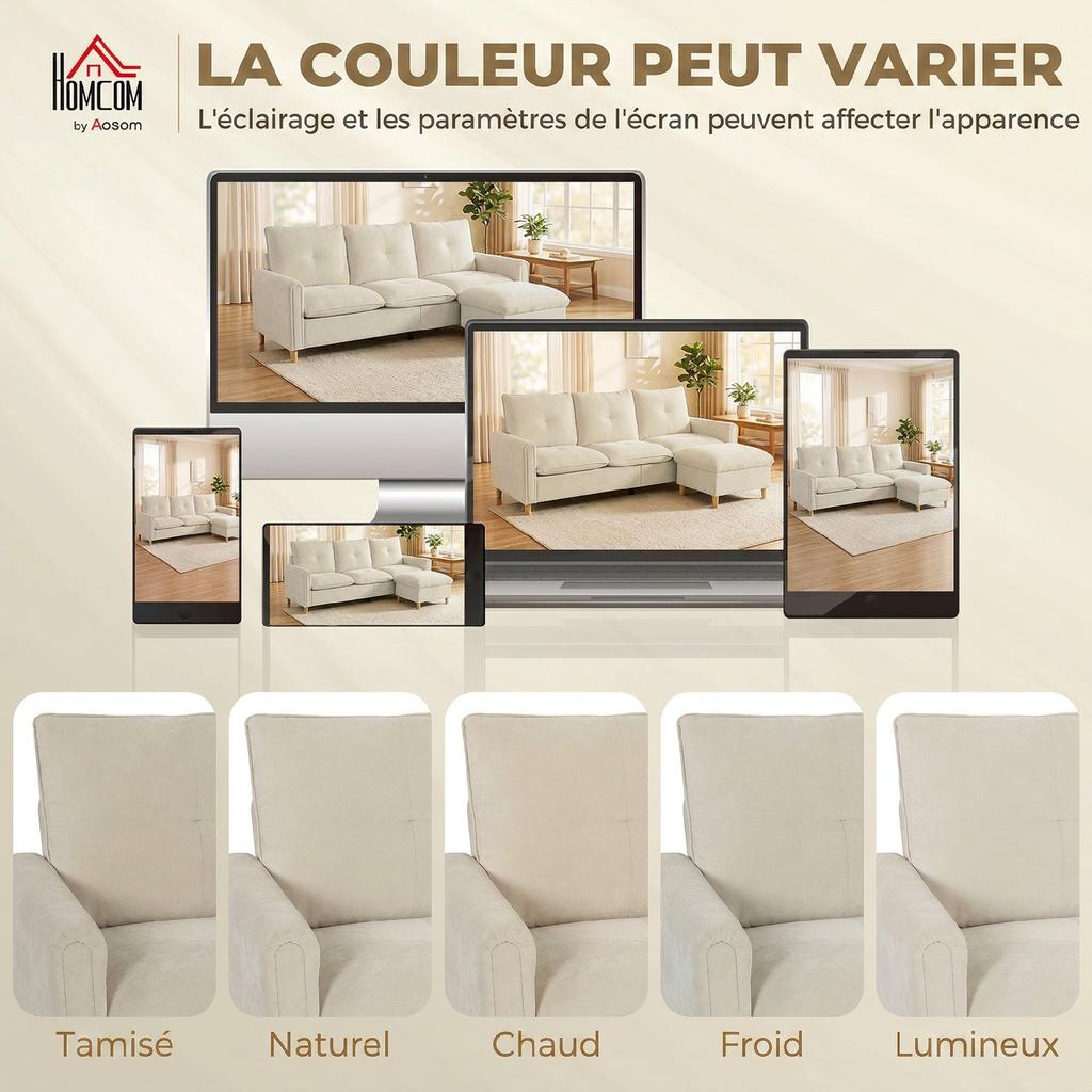 3 Seater Sofa With Storage Ottoman, Modular Corner Sofa 210 Cm, Wide Seat, Linen Look Fabric, Cream