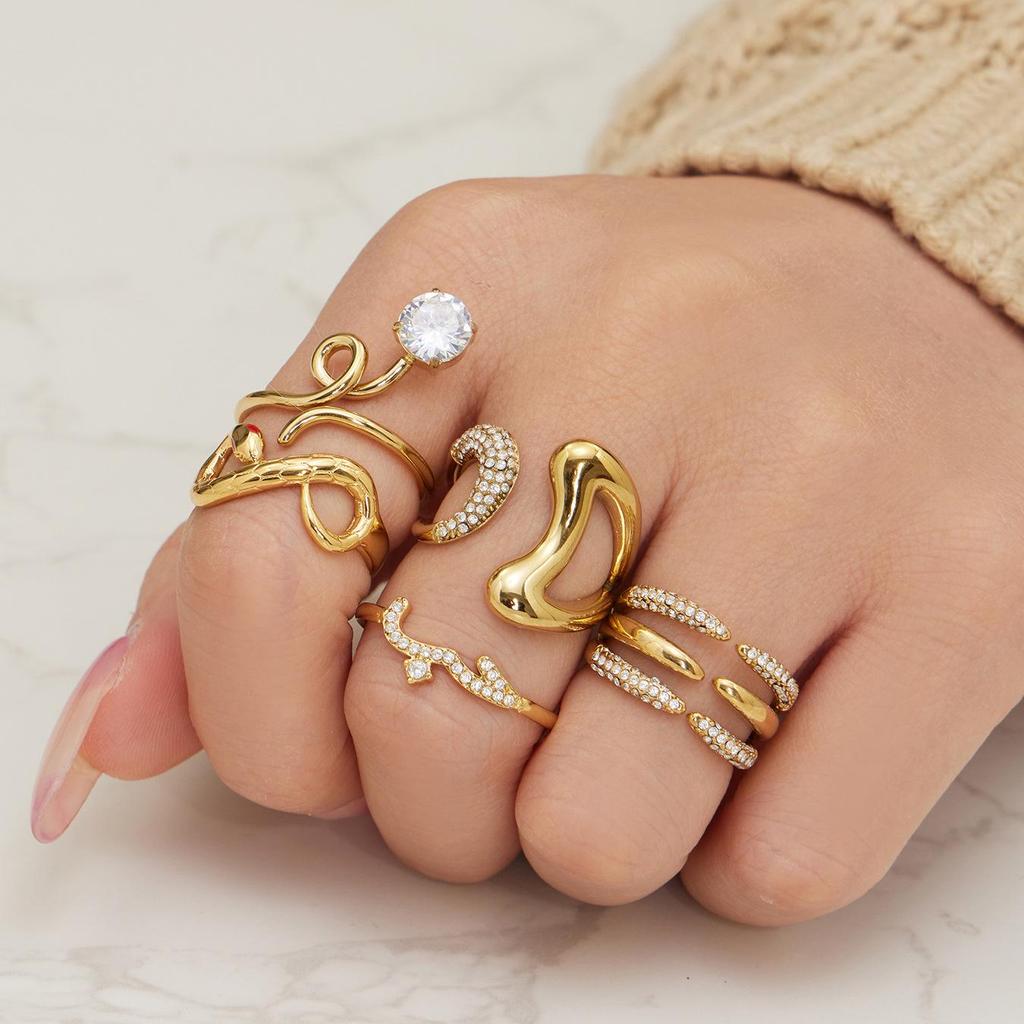 18k Gold-Plated Zirconia Inlaid Stainless Steel Open Ring Set - Modern Fashion Jewelry