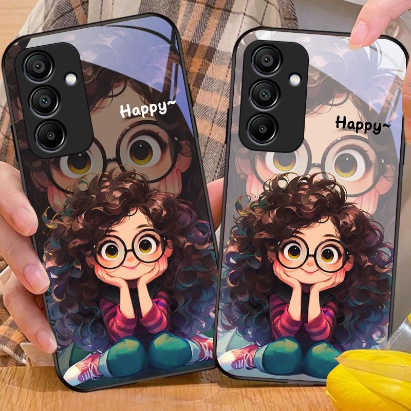Mädchen mit lockigen Haaren für Samsung Galaxy A15 5G 54 4G 51 50 24 35 90 71 12 51 53 52S 80 22 34 Schwarze Handyhülle aus gehärtetem Glas