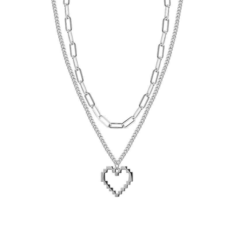 Trend fashion double-layer stacked wearing hollow love necklace new trendy niche personality men's and women's hip-hop collarbone chain