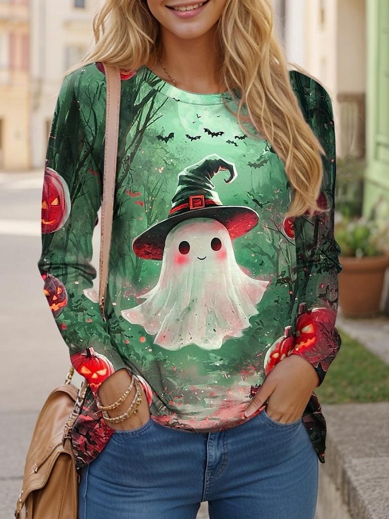 Women's All-match Halloween Shirt 3D Printed Little Ghost Pumpkin Combination Print Round Neck Long Sleeve Polyester Fabric Top