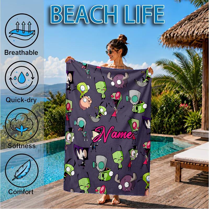 Custom Name Cartoon Alien Heart In Space Adventure Microfiber Beach Towel, Lightweight for Summer Travel, Swimming Pool Fan Gift
