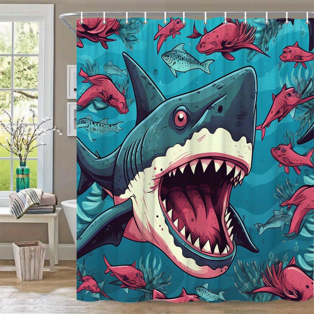 1Pc Shark Bath Curtain Playful Cartoon Style With Big Tooth Predator Pink Eyes Small Red Fish Coral Reefs Underwater Ocean Scene
