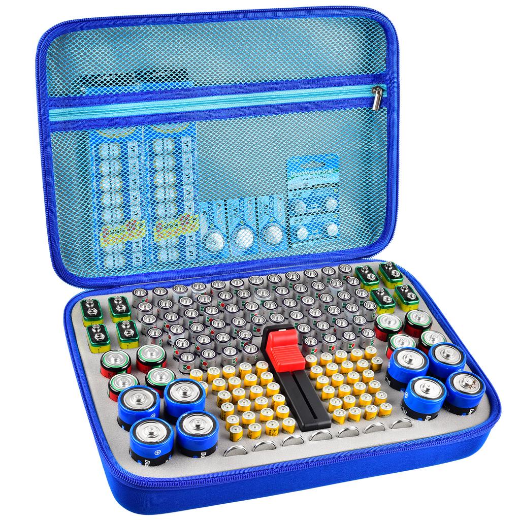 Battery Organizer Case With Tester Holds 150+ AA AAA 9V C D Lithium Button Batteries Hard Shell For Home Garage Batteries