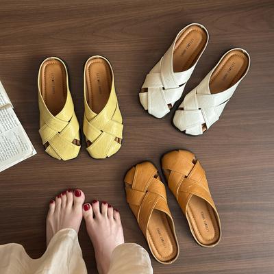 French Hollow Woven Bag Head Half Slippers Women's Summer Wear New Roman One-pedal Casual Muller Cool Slippers
