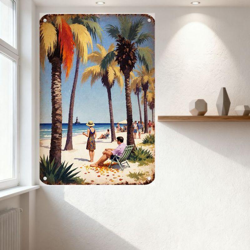 Vintage Tropical Beach Scene Metal Tin Sign, Suny Palm Trees Ocean Lighthouse Sailboats Wall Plaque, Retro Vacation Home Cafe Ba