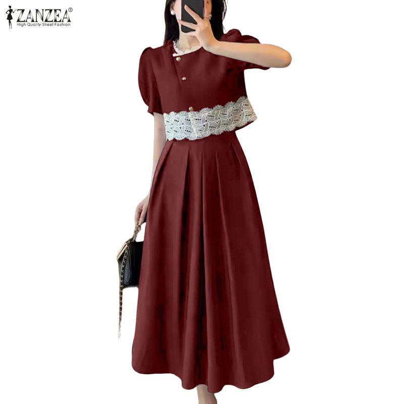 ZANZEA Women Short Sleeve Lace Splice Blouse and Long Skirts Summer Two Piece Suit Sets